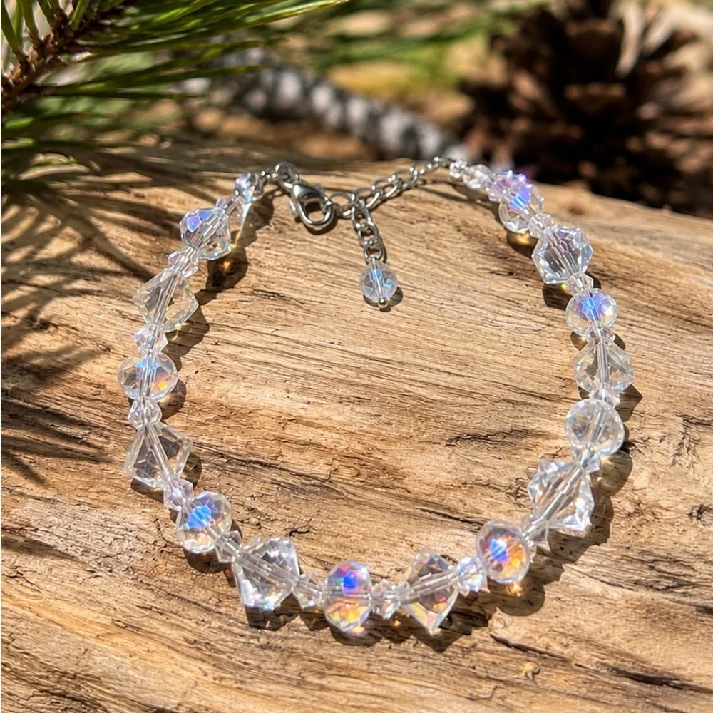Vintage AB Crystal Glass Bead Bracelet w/ Extender Handmade Sparkle